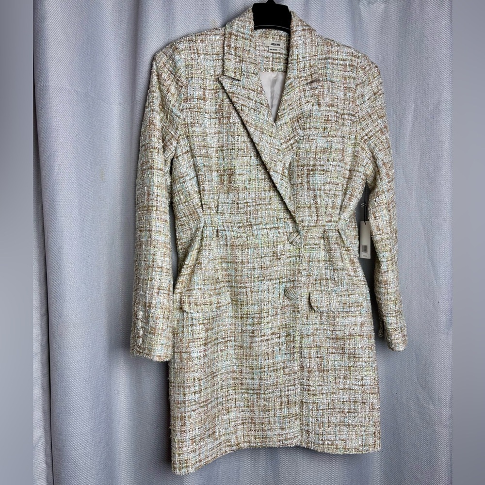 NWT! $425 Jason Wu Cream Bouclé Tweed Jacket/Dress with Gold - SZ L